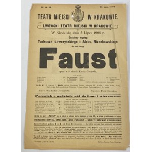 Afisz teatralny, Teatr Miejski w Krakowie, opera „Faust” 5-go lipca 1908 roku