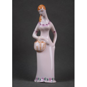 Figurka Kobieta z koszem tzw. Grzybiarka, lata 60-te. Różowa porcelana, unikat;