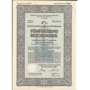 Landesbank und Girozentrale Danzig-Westpreuüen, Kommunalschuldverschrelbung 5000 Reichsmark, 1940