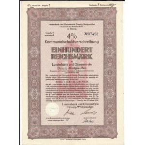 Landesbank und Girozentrale Danzig-Westpreuüen, Kommunalschuldverschrelbung 100 Reichsmark, 1940