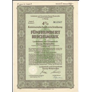 Landesbank und Girozentrale Danzig-Westpreuüen, Kommunalschuldverschrelbung 500 Reichsmark, 1940