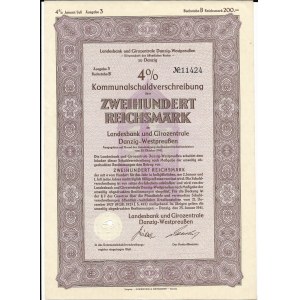 Landesbank und Girozentrale Danzig-Westpreuüen, Kommunalschuldverschrelbung 200 Reichsmark, 1940