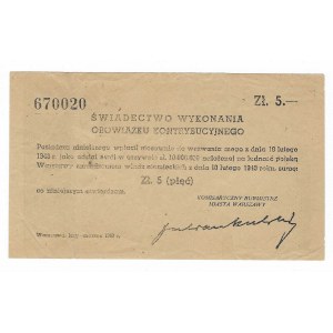 Świadectwo wykonania obowiązku kontrybucyjnego na kwotę 5 złotych, 1944