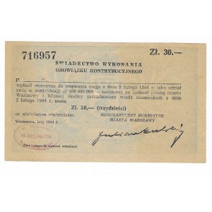 Świadectwo wykonania obowiązku kontrybucyjnego na kwotę 30 złotych, 1944