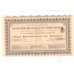 Francja, Societe Lyonnaise de Constructions Mecaniques et de Lumiere Electrique, Part Beneficiaire au Porteur, 1881