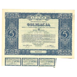 Premiowa Pożyczka Dolarowa, obligacja pożyczki dolarowej wartości 5 dolarów = 44.57 złotego, 1931