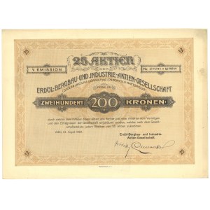 25 Akcji, Spółka Akcyjna Górnictwa i Przemysłu Naftowego V Emisja, - 200 koron 1923 Wiedeń