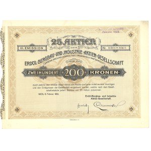 25 Akcji, Spółka Akcyjna Górnictwa i Przemysłu Naftowego III Emisja, - 200 koron 1922 Wiedeń