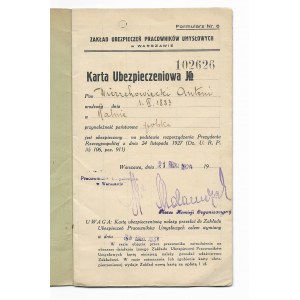 Karta ubezpieczniowa - Zakład Ubezpieczeń Pracowników Umysłowych w Warszawie - 1928