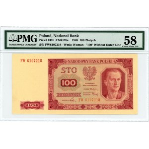 100 złotych 1948 - seria FW - bez ramki wokół nominału 100 - PMG 58