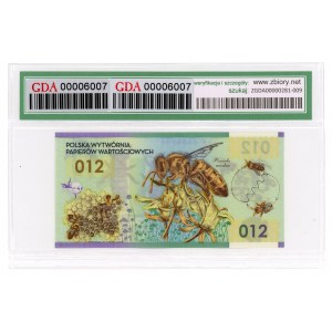 PWPW Testovací list polyméru - Honeybee 012 - nulové číslovanie JK 0000000 - GDA 67 EPQ