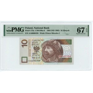 10 zlotých 1994 - série AA - PMG 67 EPQ - nízké číslo 0000459