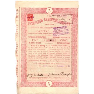 Prozatímní certifikát na 5 akcií společnosti Petroleum Revenues Company 1911