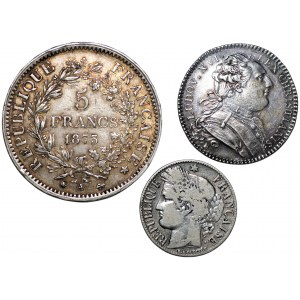 FRANCJA - zestaw dwóch monet srebrnych (1873-1887) oraz srebrny żeton 1786