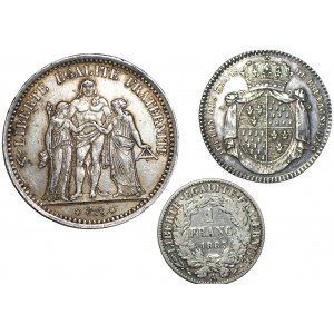 FRANCÚZSKO - Súbor dvoch strieborných mincí (1873-1887) a strieborný žetón 1786