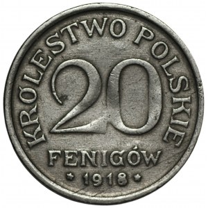Poľské kráľovstvo - 20 fenigov 1918 vyrazených s poškodenou známkou