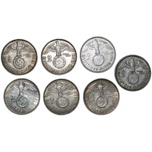 NEMECKO - Tretia ríša - 7 kusov 2 marky 1938-1939, rôzne mincovne