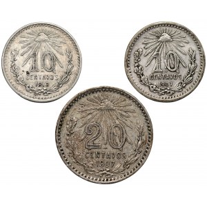 MEXICO CITY - set of coins 10 centavos 1907,1913 and 20 centavos 1907 - total of 3 pieces