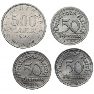 NEMECKO - 50 fenigov 1921 a 500 mariek 1923 - spolu 4 kusy