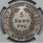 Listopadové povstání - 5 zlatých 1831 - Varšava KG - NGC XF40