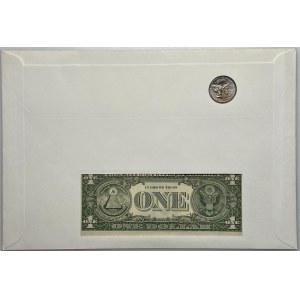 Obálka USA spolu s 1-dolárovou bankovkou z roku 1981 a 1/4-dolárovou bankovkou (1776-1976) spolu so známkami