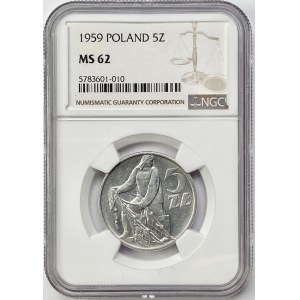 5 złotych 1959 Rybak - NGC MS62 - OBUSTRONNE SŁONECZKO - RZADKIE