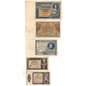 Set of 5 pieces of 1929-1938 rarer 1 zloty 1938 banknotes