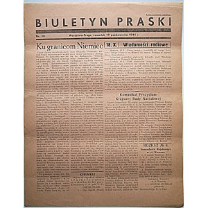 BIULETYN PRASKI. Warszawa - Praga, czwartek 19 października 1944 r. Nr.20. Wyd. i druk jw. Format 25/34 cm. s...