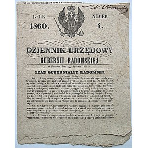 DZIENNIK URZĘDOWY GUBERNI RADOMSKIEJ. Radom, 9/21 stycznia 1860. Numer 4. Format 19/24 cm. s...