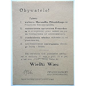 [ULOTKA]. Obywatele! Żądamy : 1) wyboru Marszałka Piłsudskiego na Prezydenta Rzeczypospolitej...