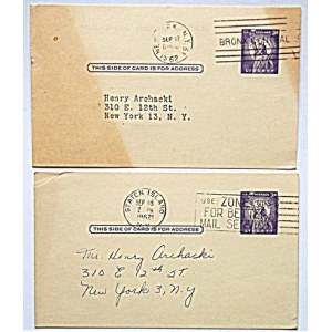 DWIE KARTY POCZTOWE, wysłane do Henrego Archackiego w 1962 roku...