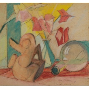 Roman BILIŃSKI (1897-1981), Martwa natura z anturium i figurką [Anturium con vaso], 1954