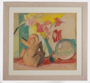 Roman BILIŃSKI (1897-1981), Martwa natura z anturium i figurką [Anturium con vaso], 1954