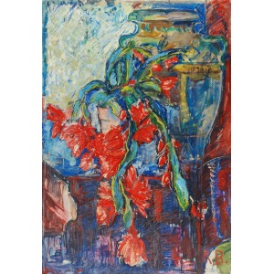 Roman BILIŃSKI (1897-1981), Czerwone kwiaty i waza [Cascata di fiori], 1961