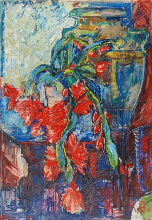 Roman BILIŃSKI (1897-1981), Czerwone kwiaty i waza [Cascata di fiori], 1961