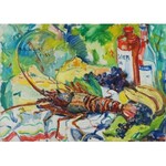 Roman BILIŃSKI (1897-1981), Martwa natura z homarem i butelkami [Aragosta con bottiglie], 1966