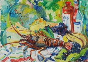 Roman BILIŃSKI (1897-1981), Martwa natura z homarem i butelkami [Aragosta con bottiglie], 1966