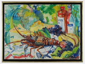 Roman BILIŃSKI (1897-1981), Martwa natura z homarem i butelkami [Aragosta con bottiglie], 1966