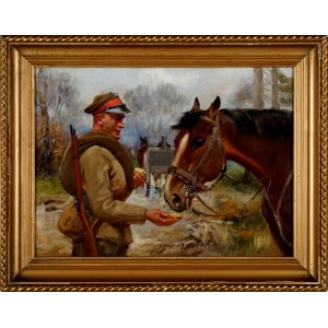 Jerzy Kossak (1886-1955), Żołnierz karmiący konia, 1936