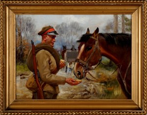 Jerzy Kossak (1886-1955), Żołnierz karmiący konia, 1936