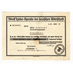 Germany - Third Reich Adolf Hitler Wirtschaft Spende Company Certificate 5 Reichsmark 1933