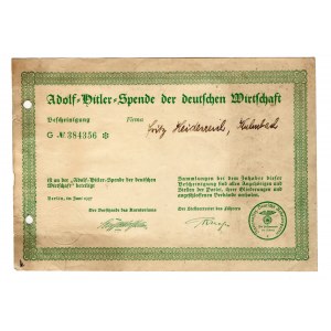 Germany - Third Reich Adolf Hitler Wirtschaft Spende Company Certificate 1937
