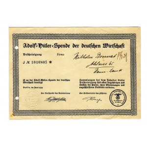Germany - Third Reich Adolf Hitler Wirtschaft Spende Company Certificate 1939