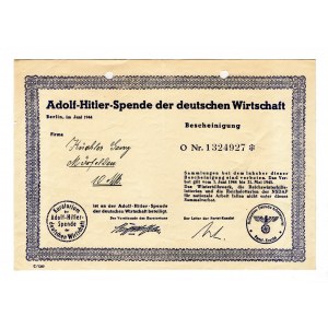 Germany - Third Reich Adolf Hitler Wirtschaft Spende Company Certificate 1944