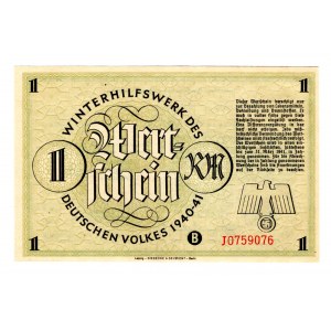 Germany - Third Reich Winterhilfswerk 1 Reichsmark 1940 - 1941 Without Underprint
