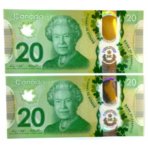 Canada 2 x 20 Dollars 2015 With Consectuive Numbers