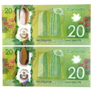 Canada 2 x 20 Dollars 2015 With Consectuive Numbers