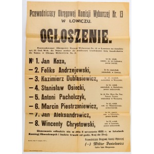 OGŁOSZENIE WYBORCZE, Łowicz 21.08.1935