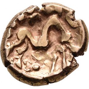 Galie, Keltové - Ambiani a Morini, 1.stol. př.Kr., Statér, stylizovaný kůň zprava, vpravo štít, dol