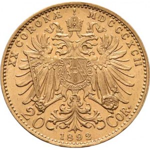 František Josef I., 1848 - 1916, 20 Koruna 1892, 6.773g, nep.hr., nep.rysky, pěkná